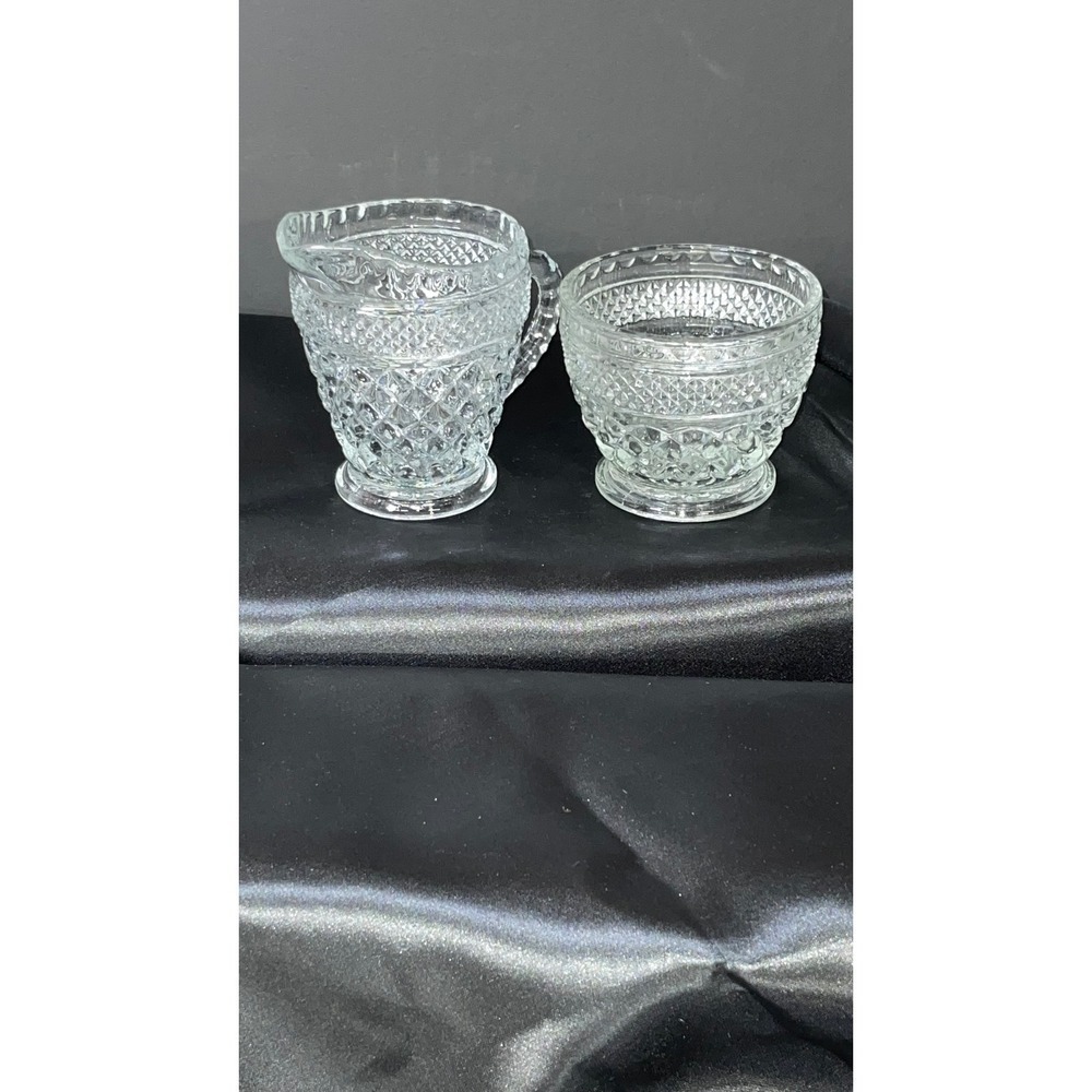 Vintage Pressed Clear Glass Cream and Sugar Set Diamond Point Pattern